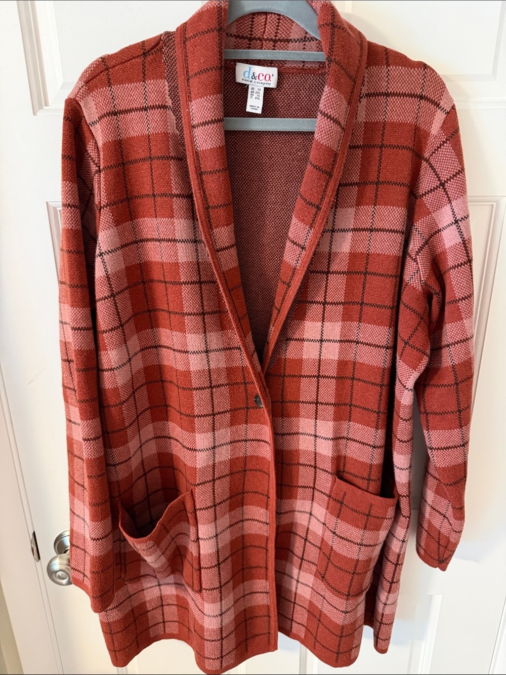 Denim & Co. Cozy Fall Terracotta Plaid Open Front Sweater Cardigan Pockets 1X
